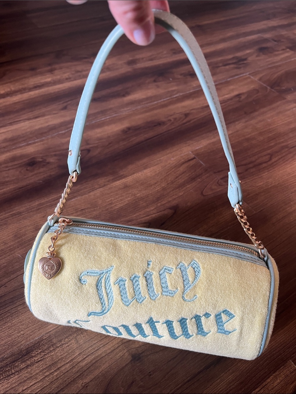 Juicy Couture Velour Barrel Shoulder Hand Bag in Butter Yellow & Pastel Blue